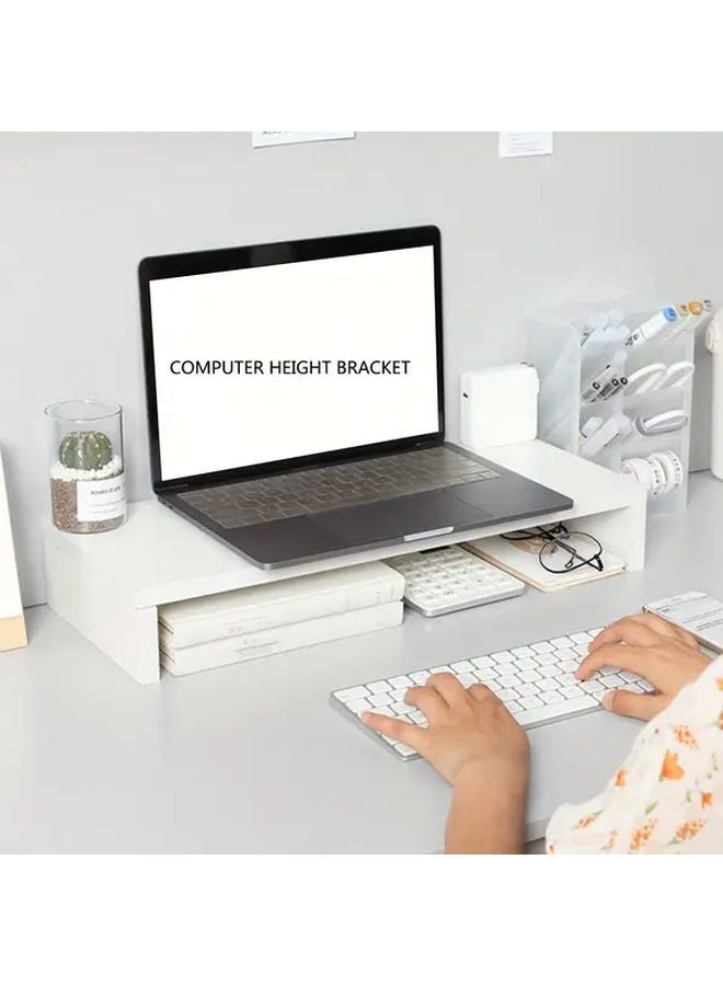 White Double Layer PVC Monitor Stand Riser With Storage Shelves Space Saving Desk Organizer - Image 4